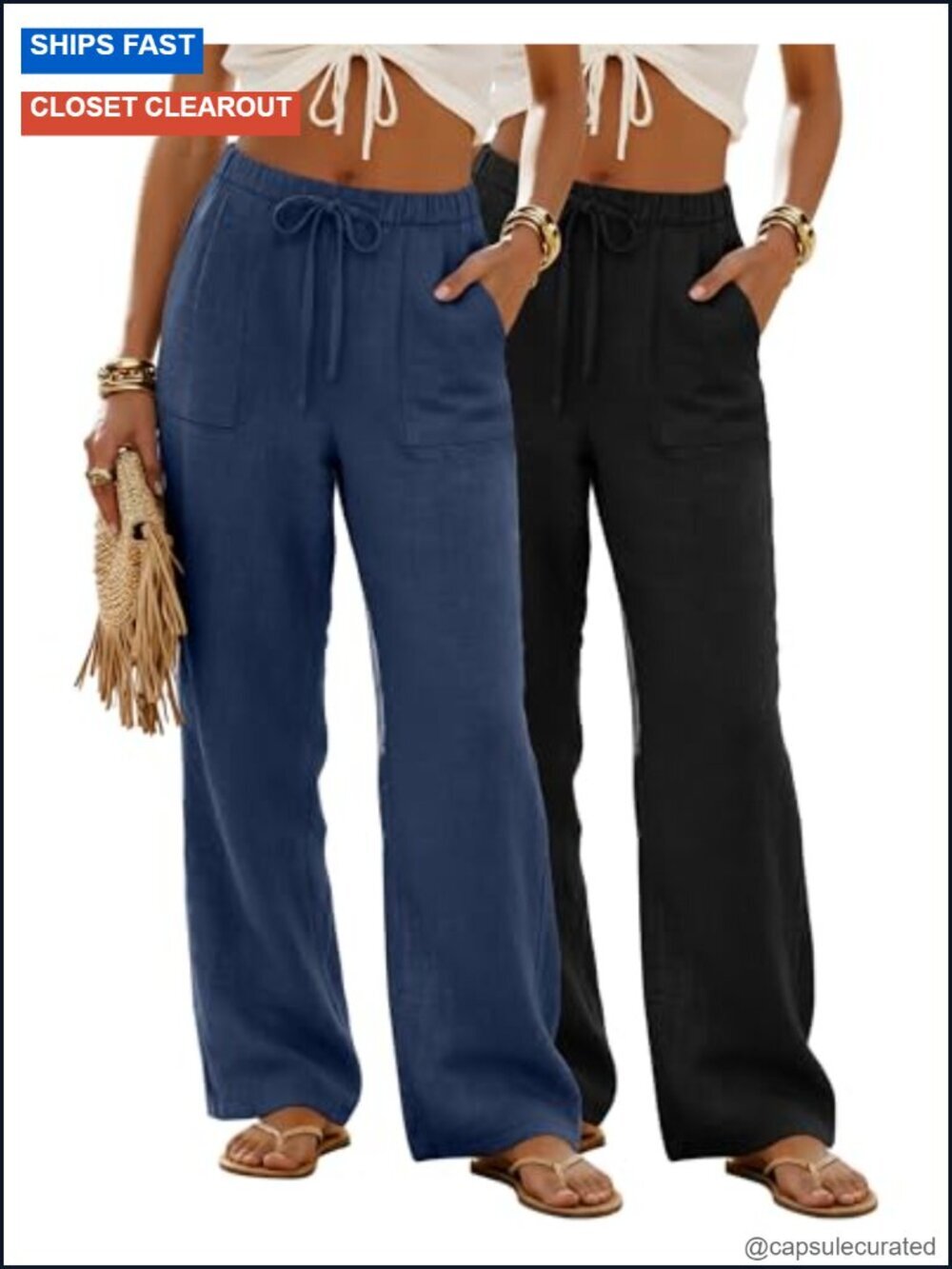Linen Pants Straight Leg Drawstring Flowy Summer Casual Beach Trousers Pockets